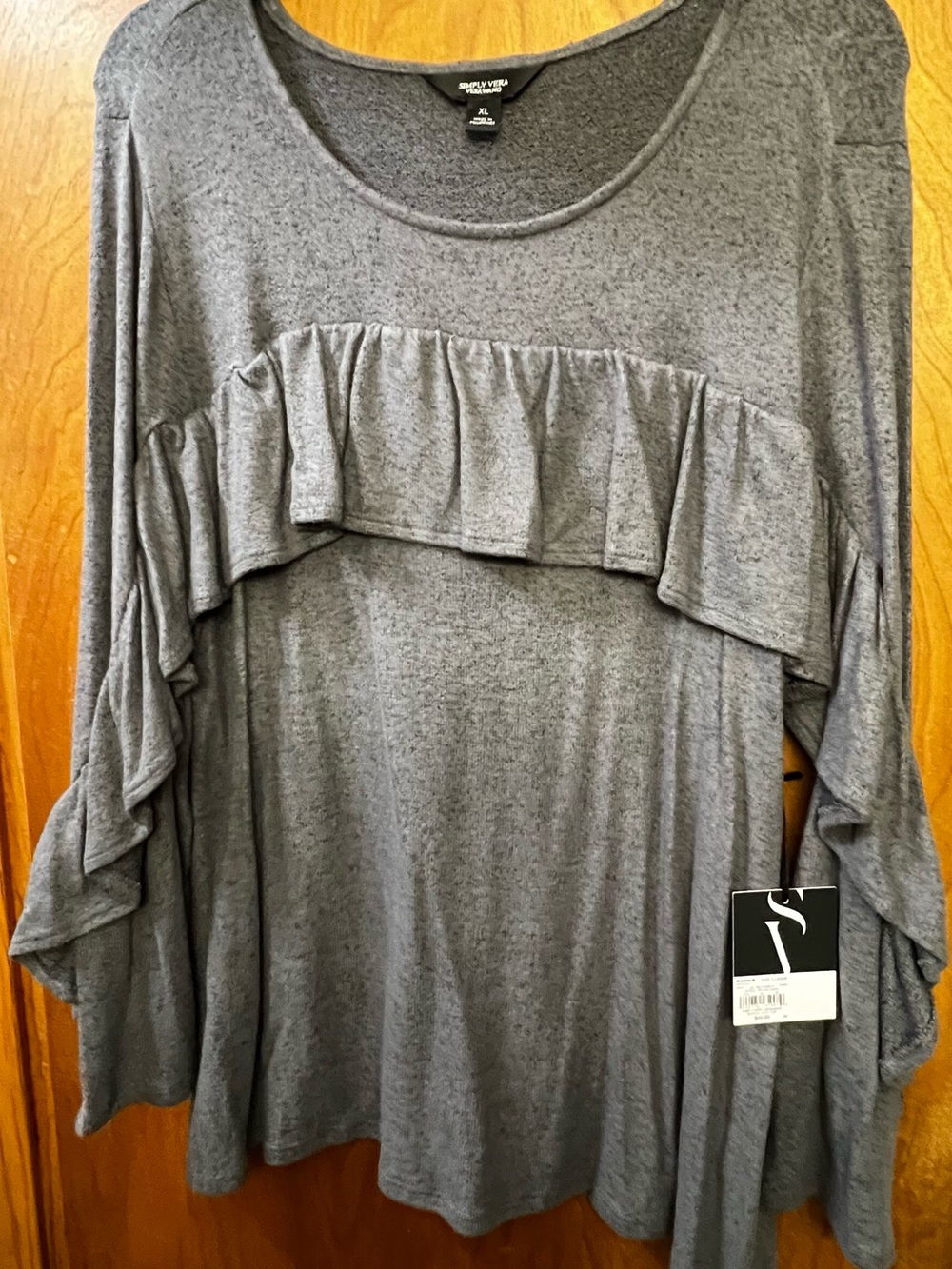 Simply Vera Vera Wang Gray Ruffle Cozy Long Sleeve Top
